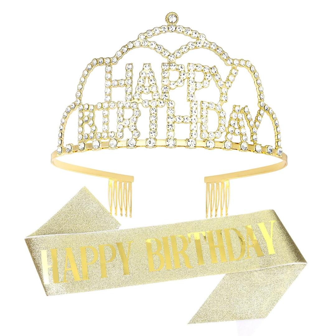 Gold Rhinestones Tiara & Happy Birthday Sash Set, Birthday Sash and Crown for Women, Princess Birthday Party Decorations for Women Girls Birthday Gifts for Her Glitter Birthday Accessories for Women