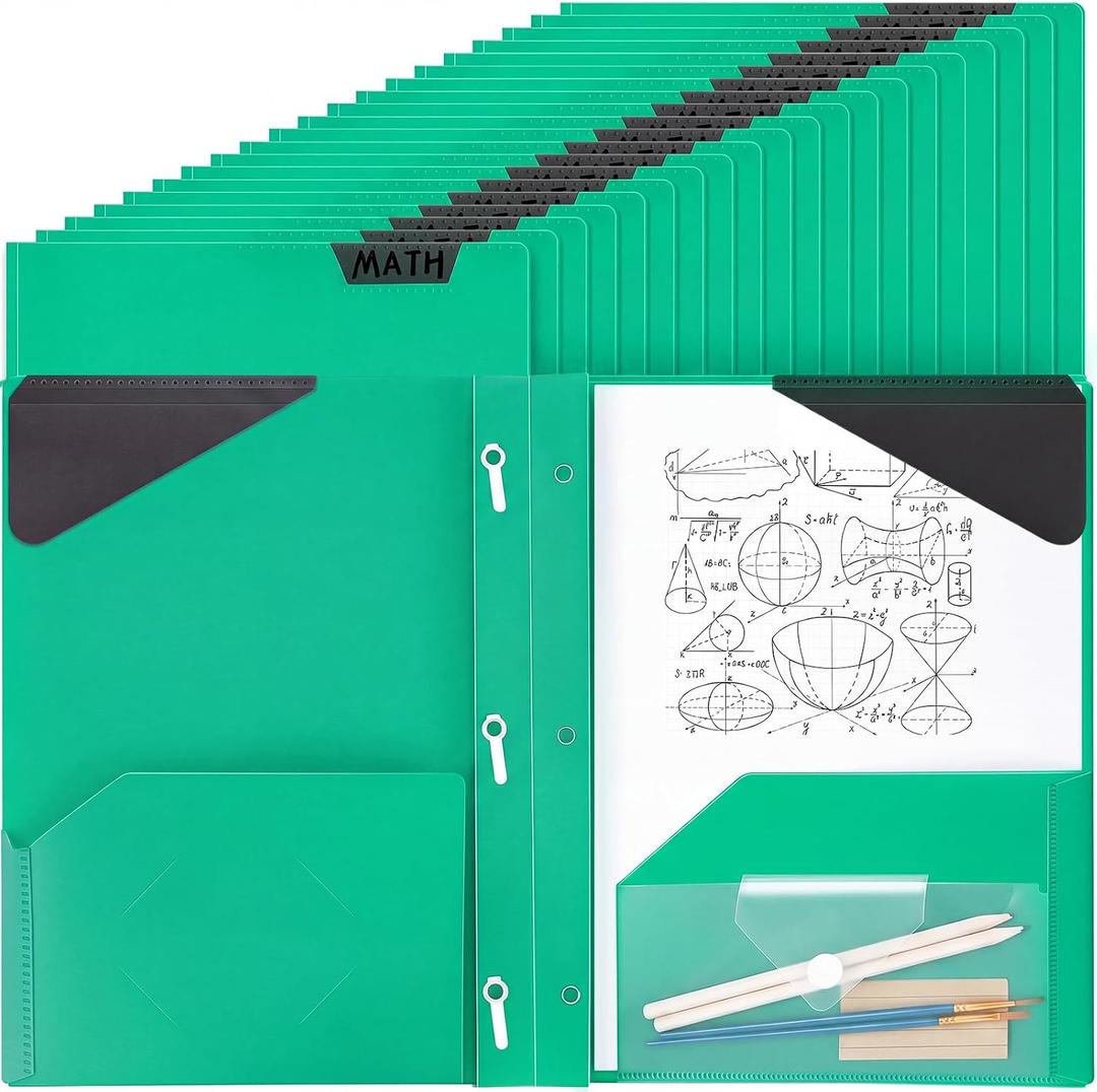 PerKoop 24 Pack Plastic Folders with 3 Prongs, Heavy Duty, Green
