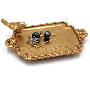 Funly mee Antique Trinket Dish Vintage Golden Metal Jewelry Tray with Bird, Ring Holder