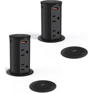 Jgstkcity 2.5 inch Hole Pop up Outlet for Countertop,20W USB C,4 USB Ports,4 Outlets 15Amp Receptacle Flush Mount,Space Saver Recessed Outlet,1875W,ETL Listed,2 PCS (Black, 20W USB)