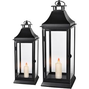 SwallowLiving Lantern Rustic Farmhouse Decor, Set of 2 Metal Candle Lantern with Glass Panels, Black Decorative Lanterns for Outdoor Indoor, Table, Fireplace, Patio, Christmas (Candle Not Included)