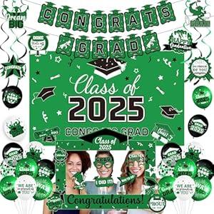 Green Congrats Grad Banner Class of 2025 Decorations Graduation Decorations 2025 Grad Party Decorations 2025 Graduation Balloons Backdrop Hanging Swirls Photo Props