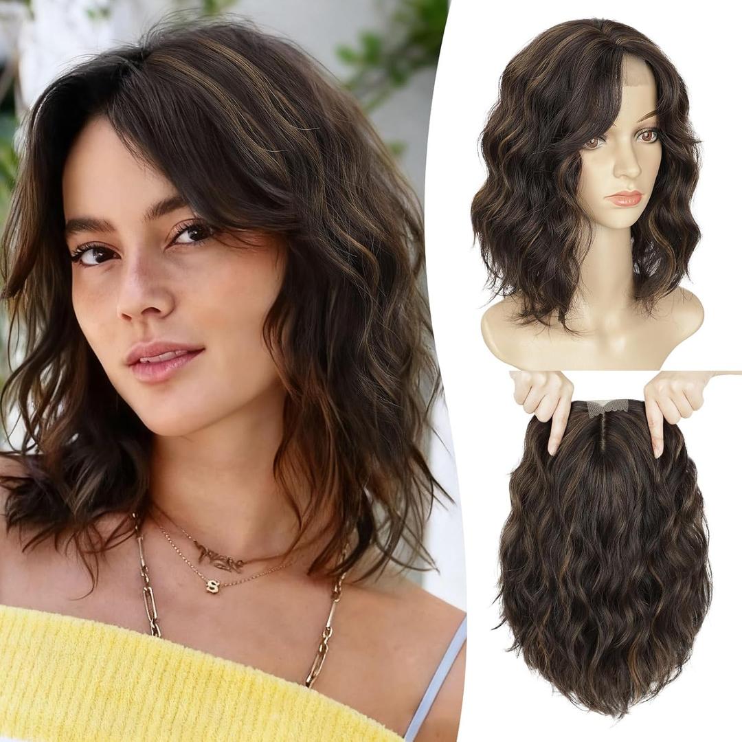 Lommel Hair Toppers for Women 12 Inch Short Wavy Hair Topper with Thinning Hairs Natural-Looking Wiglett Lightweight & Add Volume Hairpiece for White Roots Cover (Dark Brown with Highlights)