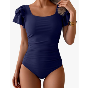 Eomenie Women's Tummy Control One Piece Swimsuit Ruffle Square Neck Bathing Suit Ruched Cutout Back Slimming Swimwear, (XL)