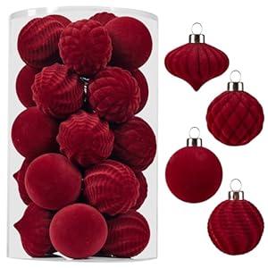 Wironlst Velvet Ornaments for Christmas Tree, 4 Style Flocked Matte Velvet Christmas Ball Ornaments, Shatterproof Decor for Xmas Tree Wedding Holiday Party Home (1.57" 25pcs Burgundy)