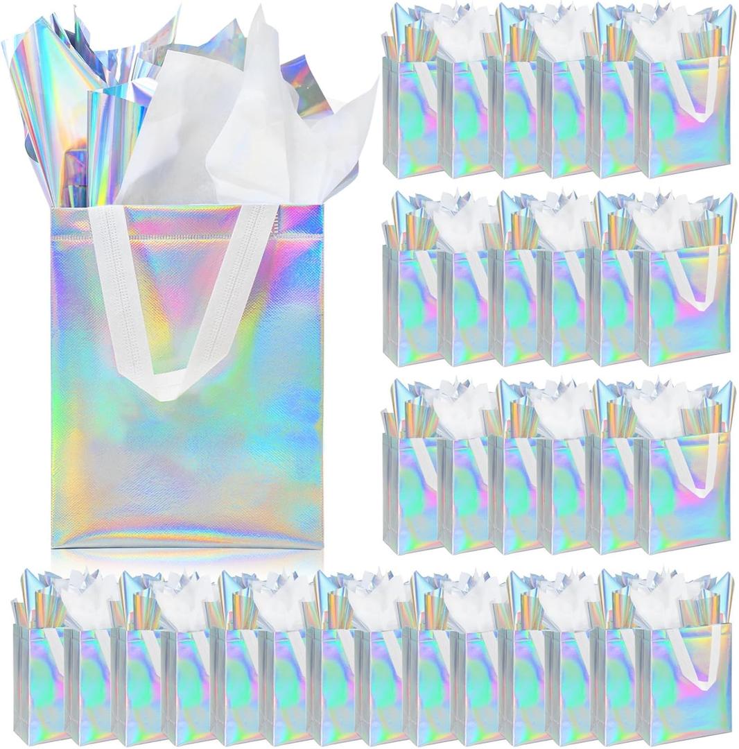 ZIFTY 32 Pcs Gift Bags with Handles Reusable Gift Bags Bulk with 64 Tissues Non-woven Goodie Bags Bags for Birthday, Wedding, Easter, Holiday Party Favors - 8W x 4L x 10H (Iridescent)