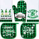 Rtteri 5 Pcs St. Patrick's Day Kitchen Towels Pot Holders and Oven Mitts Set Shamrocks Mittens Oven Glove Potholders Green and Black Buffalo Plaid Kitchen Towels for Irish Farmhouse Decor Accessories