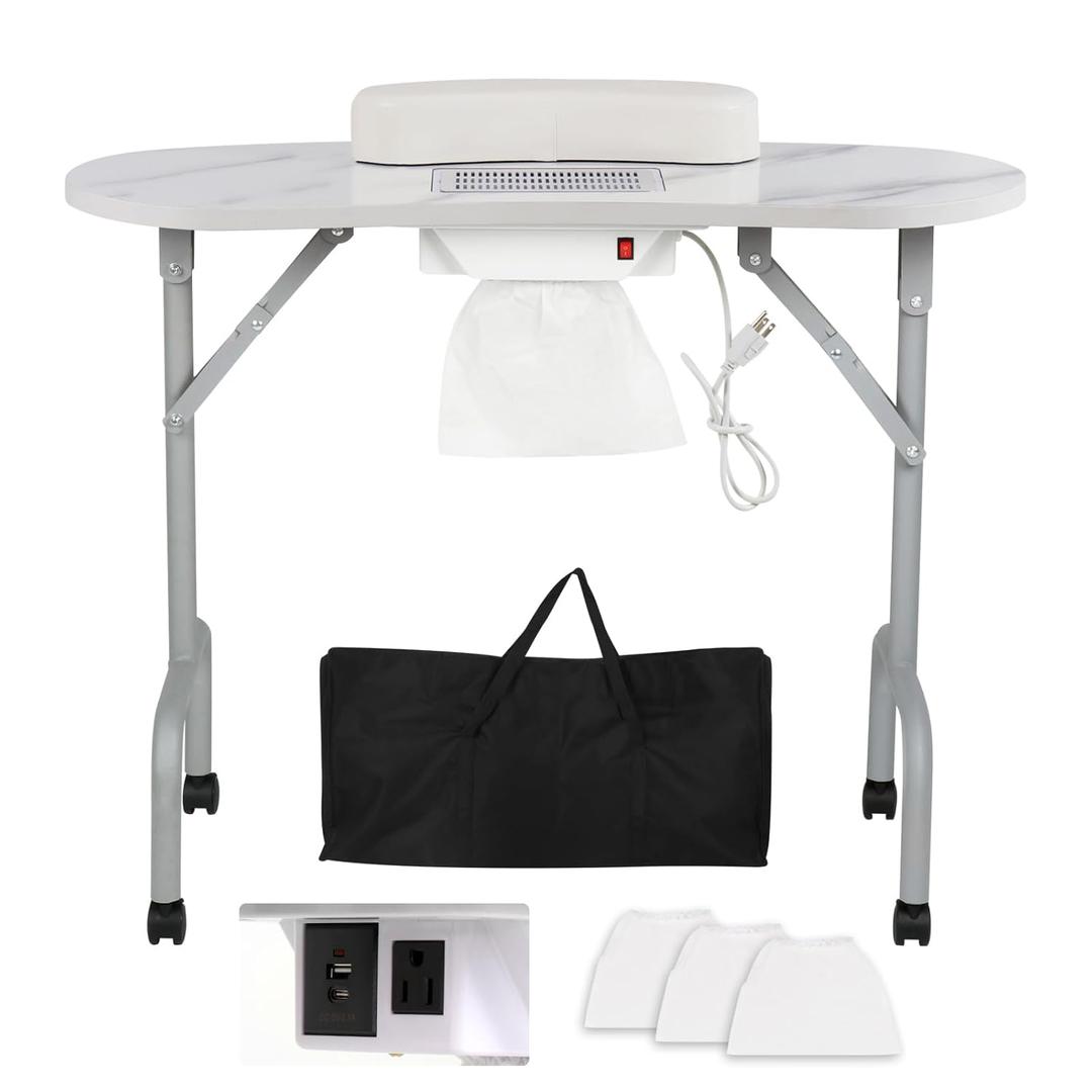 Portable Manicure Table Foldable Nail Desk with Charging Station & Dust Collector Professional Nail Tech Table for Technician Spa Salon Workstation, Wrist Pad 4 Lockable Wheels, White Marbled
