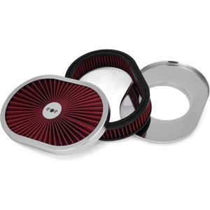 12"x2" High Flow Oval Air Cleaner Filter Assembly Compatible with GMC Chevy Ford Chrysler Dodge V8, for Carburetor 5-1/8" Carb Neck, Flow-Thru Lid, Washable and Reusable, Red Chrome