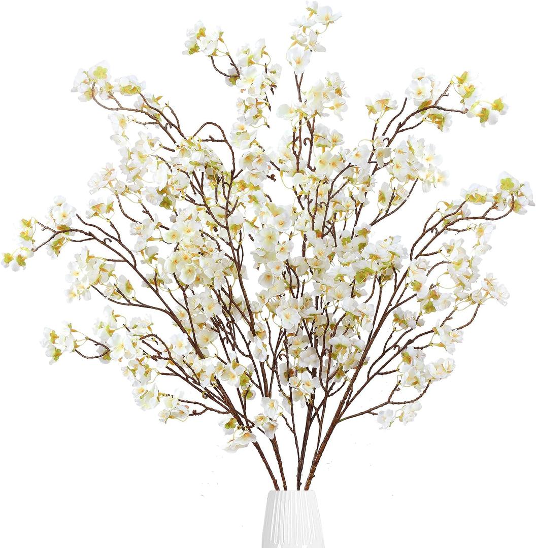 Sggvecsy Artificial Cherry Blossom Flowers 4 Pcs Faux Cherry Blossom Stems Faux Silk Cherry Blossom Branches 41 Fake Flowers Long Stems for Vase Arrangements Home Wedding Table Decor (White)