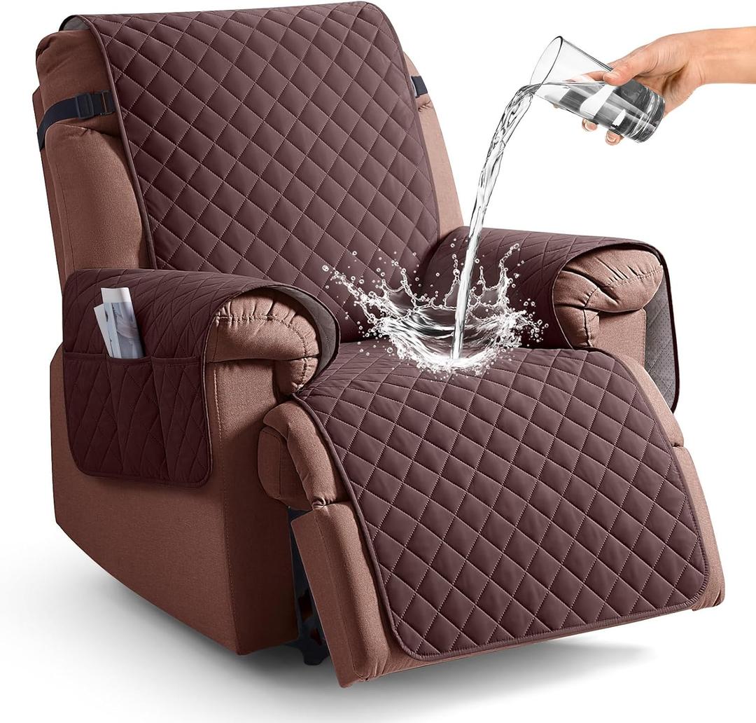 KinCam 100% Waterproof Recliner Chair Cover, Reclining Couch Covers for Pets, Dogs, Recliner Couch Slipcover Furniture Protector with Elastic Straps for Kids(30", Coffee)
