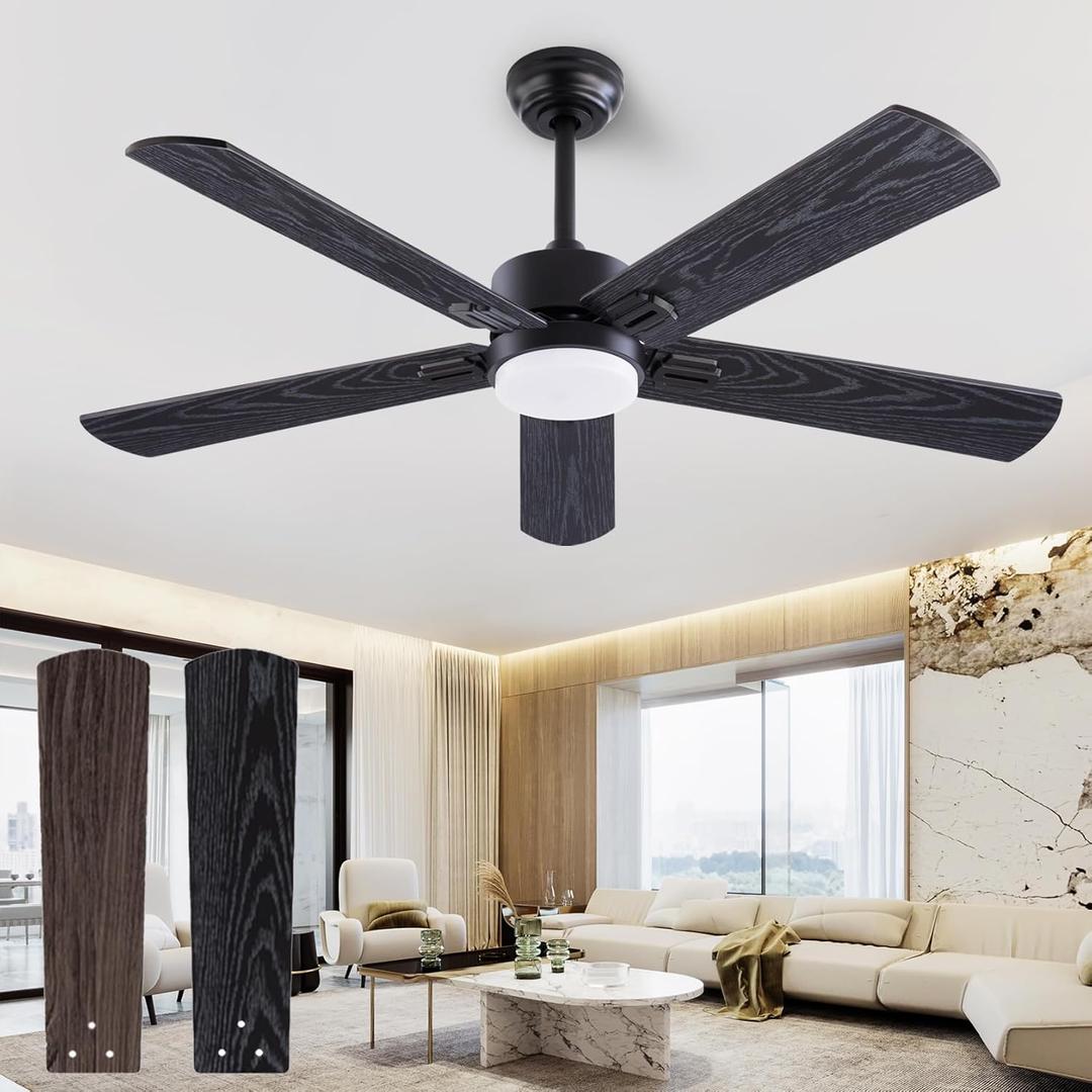 52" Ceiling Fans with Light and Remote,Farmhouse 5 Blades Quiet Reversible DC Motor Ceiling Fans for Modern Indoor/Outdoor/Patio/Living Room/Bedroom(Black/Walnut) (52 inch)