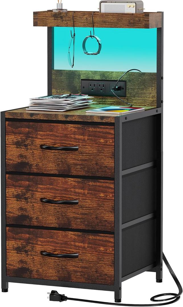 SZLHANJZ Night Stand, Nightstand with Charging Station and Led Lights, 3 Drawers Night Stand with Storage Shelf and Hooks, Tall End Side Table for Bedroom, Rustic Brown
