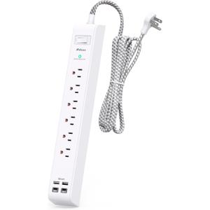 Surge Protector Power Strip - 6 Outlets 4 USB Charging Ports, 5Ft Braided Extension Cord, Flat Plug, Overload Protection, Wall Mount for Home Office, Dorm Room Essentials (White&Grey)