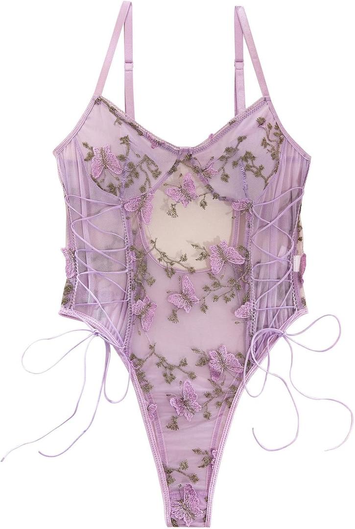 Lilosy Women Sexy Lace Up Floral Embroidered Teddy Lingerie Bodysuit Top Mesh Sheer One Piece (Small, Butterfly Light Purple)