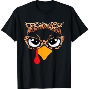 Girls Thanksgiving Turkey Face Leopard Glasses Women Turkey T-Shirt