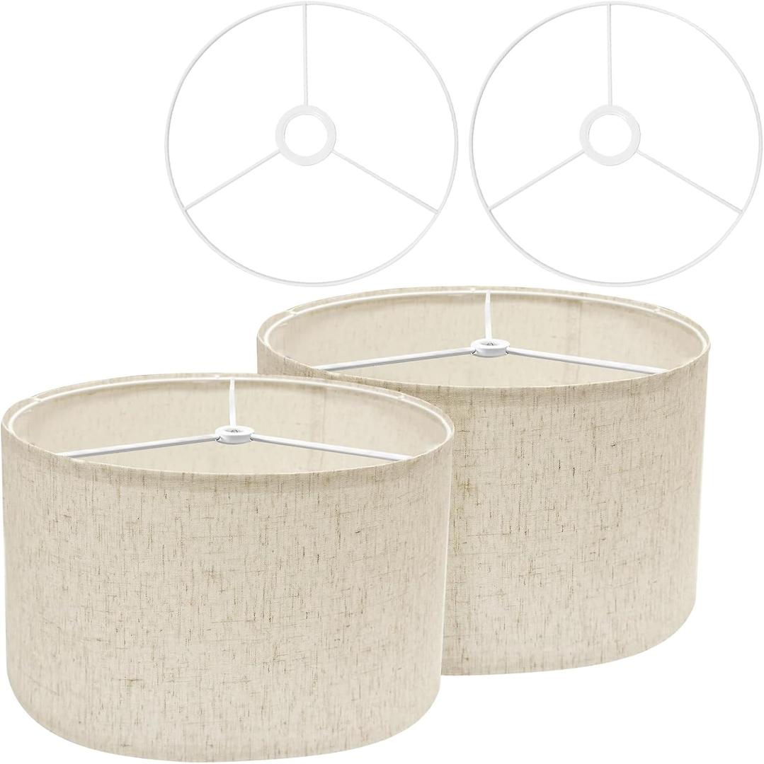 Drum Lamp Shades (Spider Fitter & E27/E26/E14 Fitter) for Table Lamps 13" Top x 13" Bottom x 9.8" High Linen Lampshade Set of 2 Lamp Shade for Floor Lamps Bedside Lamps, Linen, Assembly Required