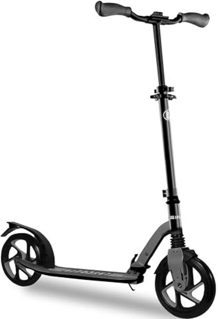 LaScoota Kick Scooter for Kids Ages 6+, Teens & Adults, Large 8" Sturdy Urethane Wheels. Adjustable Handlebar, Lightweight, Foldable, 220lbs Max Load (Black)