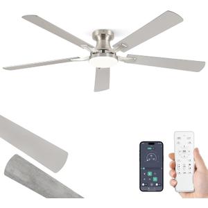 ZMISHIBO 60 Inch Ceiling Fan with Light, App&Remote Control, Flush Mount Low Profile, Dimmable 20W LED Light, Quiet Reversible Motor for Bedroom, Living Room, Apartment, Nickel