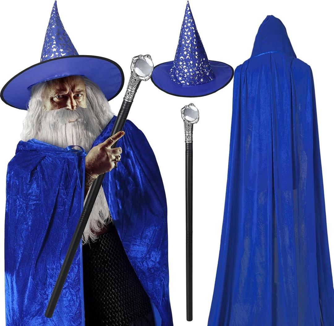 Hicarer 4 Pcs Halloween Wizard Costume Set Include Wizard Hat Cloak Wig Beard Wand Costume Accessories for Adults (Blue, Black, Gray)
