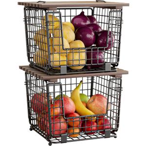 GGIU Wire Storage Basket For Kitchen Pantry and Counter - Stackable Wire Organizing Bin For Produce, Vegetable - Countertop Potato, Onion, Veggie Basket Brown (2pack-Bronze)