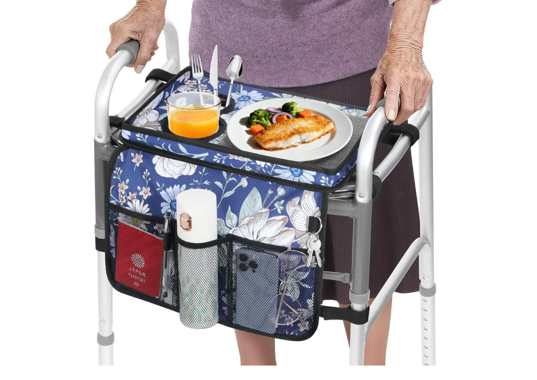 Rhino Valley Walker Tray for Folding Walker, Tray for Walkers with Non-Slip Mat for Food, 3 Front Pockets & 3 Cup Holders, Fits Most Standard Folding Walkers, Walker Accessories for Senior,Blue Cosmos