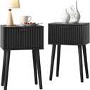 LAATOOREE Nightstands Set of 2, Small Side Table, Bedside Table with Fluted Door, Solid Wood Feet; Modern MidCentury End Table for Bedroom, Small Space (Black)