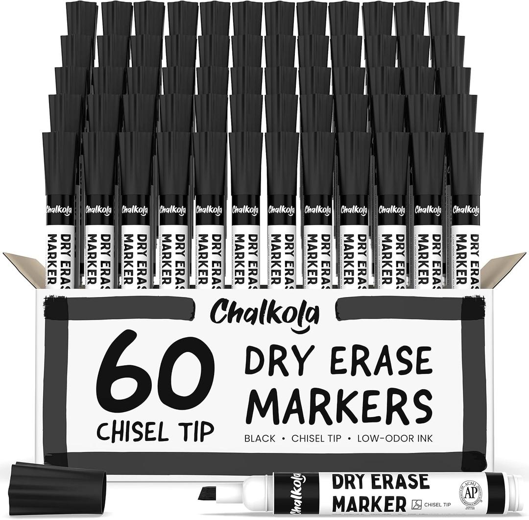Chalkola 60 Black Dry Erase Markers Bulk Pack, Black Chisel Point White Board Marker Dry Erase Pens - Low Odor Whiteboard Markers for Kids, Home, Office, Back to School Supplies