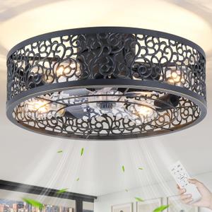 COCOSTAR Caged Ceiling Fan with Light Flush Mount Farmhouse Black Fandelier, 20 Inches