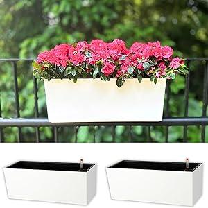 LaLaGreen Rail Planter for Balcony Outdoor (20 Inch, 2 Pack) Large White Self Watering Deck Railing Planters with Brackets, Rectangular Plastic Fence Flower Box Designer Choice