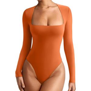 REORIA Women's Basic Lightweight Layering Sexy Slim Square Neck Long Sleeve Bodysuit Tops (Medium)