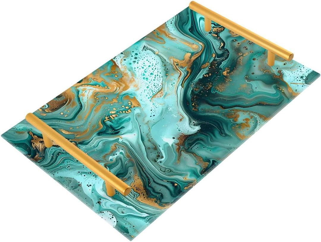 Vanity Tray Gold and Turquoise Marble Decorative Tray Bathroom Acrylic Jewelry Perfume Trays with Handle Makeup Dresser Cosmetic Bedroom Kitchen, 12x8 in