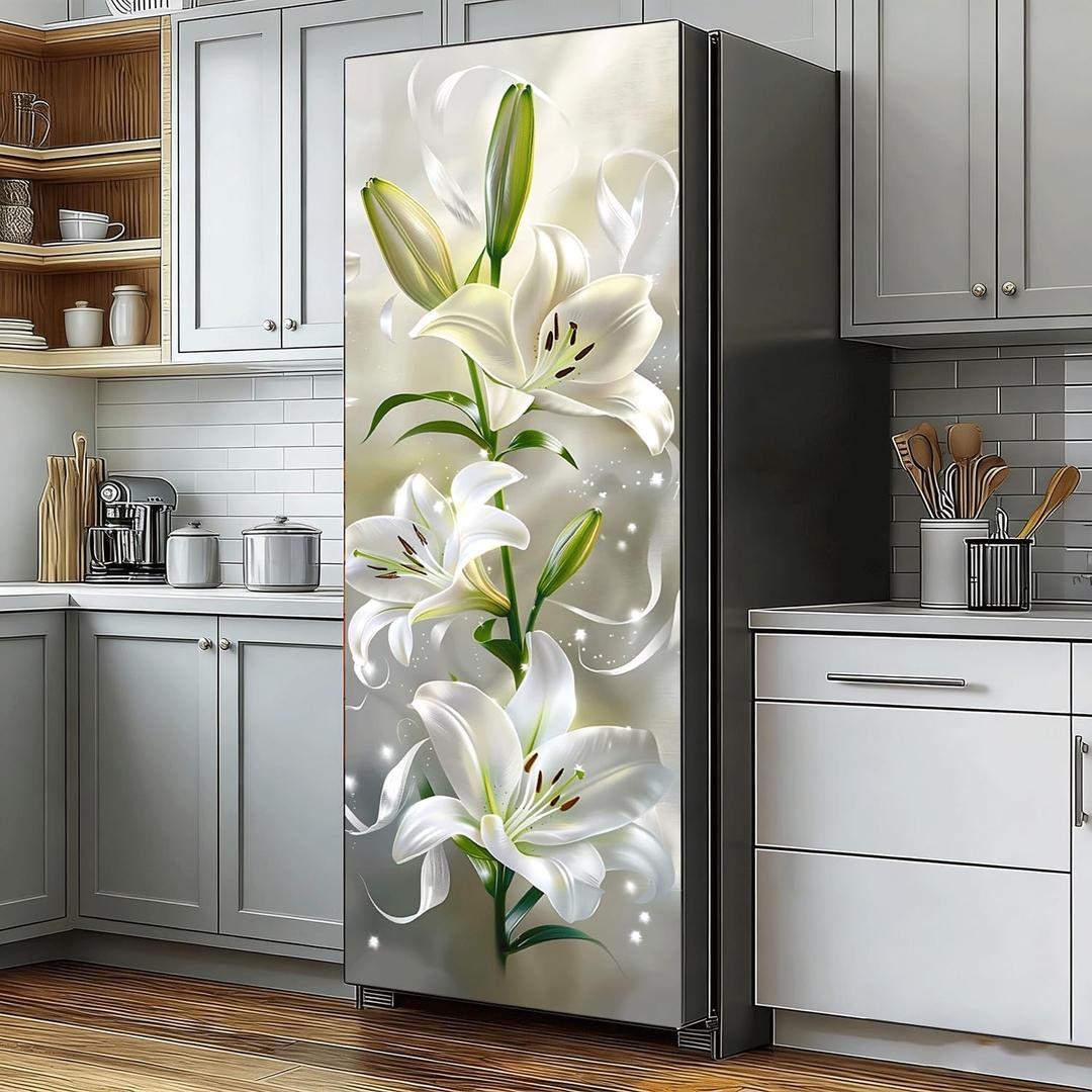Silver Floral Refrigerator Wrap Peel and Stick, Metallic Flower Fridge Door Sticker, Decorative Refrigerator Cover, 23.6 x 70.9 Inches(Flowers 1)