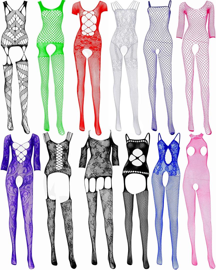 SATINIOR 12 Pieces Women's Fishnet Lingerie Mesh Bodysuit Lace Smock Lingerie for Women (Popular Style) Multicolor