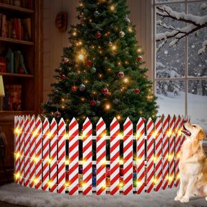 Sasylvia Christmas Tree Fences with LED String Lights 24 x 142 Inch Wooden Christmas Tree Picket Fence Barrier Wood Gate for Pets Dog Cat Xmas Holiday Wedding Home Garden Party Decor(Candy Cane)