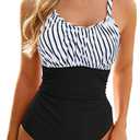 Century Star Tummy Control One Piece Swimsuit for Women Vintage Bathing Suits Ruched Swimwear (X-Large, Black and White)