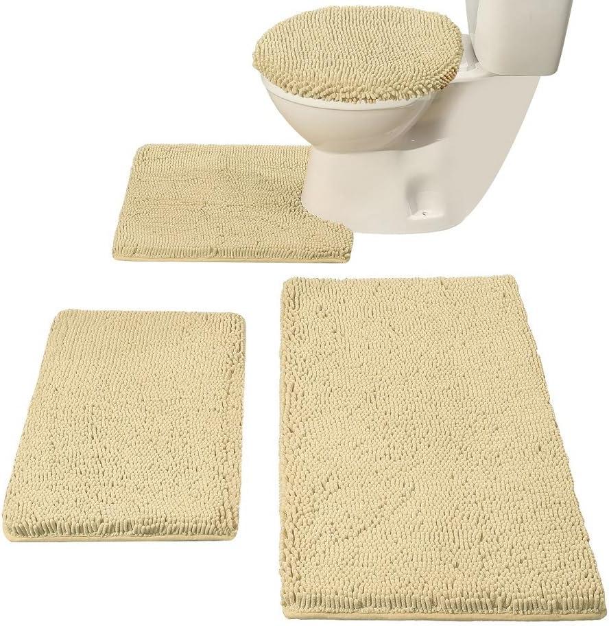 Madeals Bath Rug Set 4 Piece with Toilet Lid Cover, Soft Shaggy Bath Rug Set 3 Piece and U-Shaped Toilet Floor Rug Beige