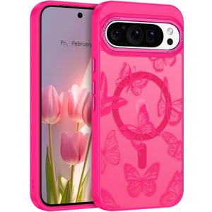 BENTOBEN for Magnetic Google Pixel 10 Pro XL Case, Cute Butterfly Pattern Phone Case for Pixel 10 Pro XL [Compatible with MagSafe] Translucent Matte Slim Shockproof Protective Women Men Cover,Hot Pink