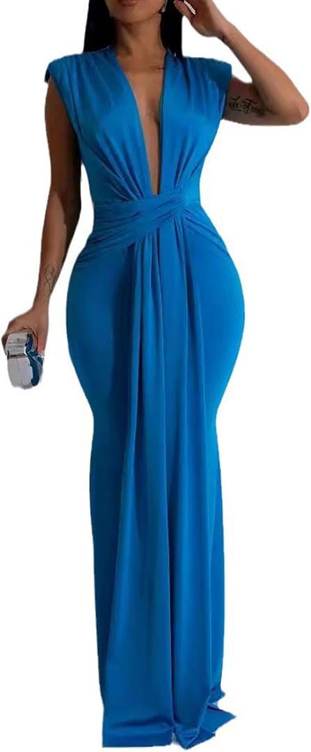 Yuopeid Women's Sexy Sleeveless Deep V Neck Fashion Ruched Bodycon Floor Length Formal Evening Party Maxi Long Dress (Blue) M