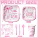 350 Pcs Pink Bow Graduation Party Supplies for Girls, Class of 2026 Disposable Paper Plates and Napkins Tableware Set Serve 50 Guests, Congrats Grad Dinnerware Paper Plates Napkins Utensils