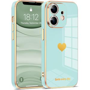 Compatible with iPhone 11 Case for Women Girls, Luxury Fashion Plating Edge & Cute Love Heart Soft TPU Shockproof Protection Phone Case for iPhone 11 6.1 Inches,Mint Green