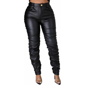 Zebaexf Women's Stretchy Faux Leather Leggings Pants,High Waist Stacked Pants for Women (Large, Black)