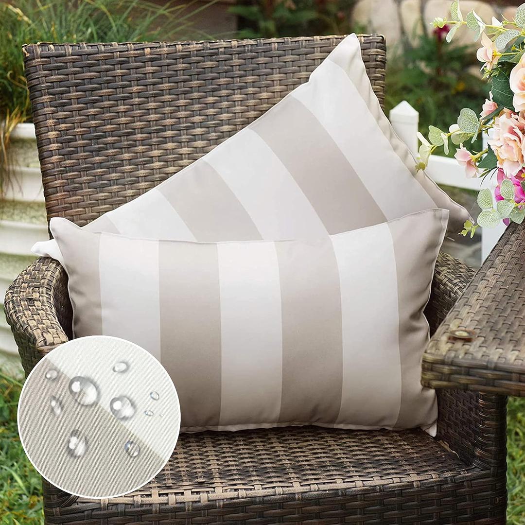Western Home Pack of 2 Outdoor Waterproof Striped Throw Pillow Covers Beige Grey Decorative Pillowcases Garden Modern Cushion Cases for Patio Tent Balcony Couch Sofa 12x20 Inch (Sand and White)