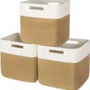 AELS Hand Woven Cotton Baskets for Storage, Cube Storage Bins with Handles, Foldable Collapsible Closet Organizers and Storage, Boho Farmhouse Storage Cubes for Shelves, Beige and Khaki (Pack of 3)