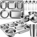 Potchen 20 Pcs Stainless Steel Plates Bowls Cups Spoons Forks 304 Stainless Steel Dinnerware Set Divided Plates Dinner Tray for Home Kitchen Restaurant