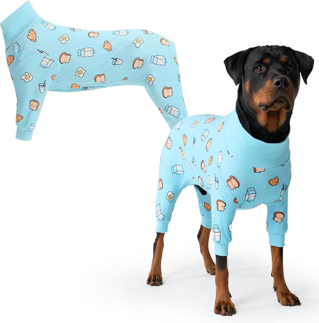Spark Paws Dog Pajama, Dog Recovery Suit Male, Onesie, Ultra-Soft and 4-Way Stretch - Breakfast Blue - 4XL