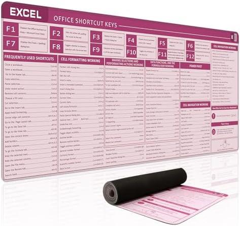 Baziabbo Office Desk Mat, Excel Cheat Sheet Keyboard Mat, Excel Shortcut Desk Pads,Non-Slip Excel Mousepad with Stitched Edges for Computer (Sheet Pink)