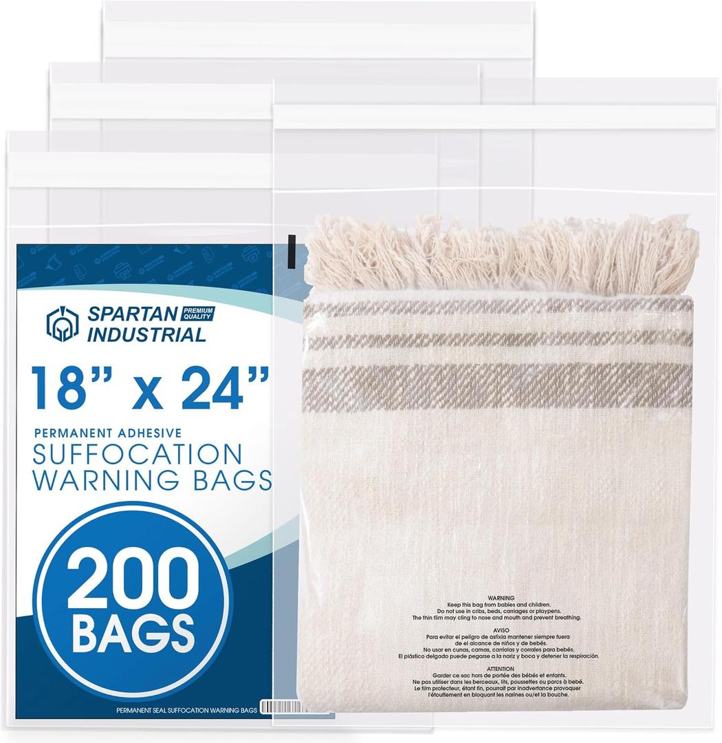 Spartan Industrial - 18 X 24 (200 Count) Self Seal Clear Poly Bags with Suffocation Warning for Packaging, Shipping - Permanent Adhesive