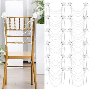 16 Pcs Pearl Wedding Chair Decoration with Artificial Rose Faux Pearl Beaded Garland String Chair Sash Decor for Bridal Shower Wedding Aisle Ceremony Party Banquet