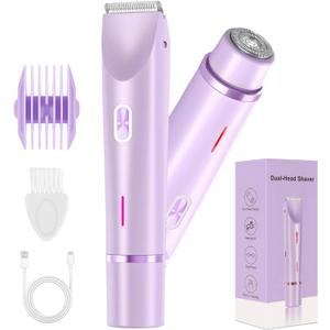 2 in 1 Bikini Trimmer for Women, Rechargeable Electric Razors for Women, Wet/Dry Use Lady Electric Shaver for Bikini Face Lip Underarm Legs Pubic Hair (Purple)